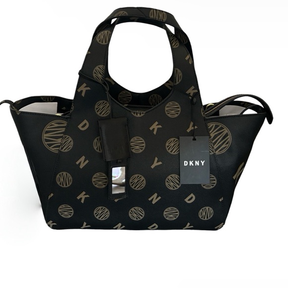 BLACK DKNY & TAUPE LOGO MEDIUM TOTE HANDBAG REMOVABLE SHOULDER STRAP NWT $400 - Picture 15 of 16